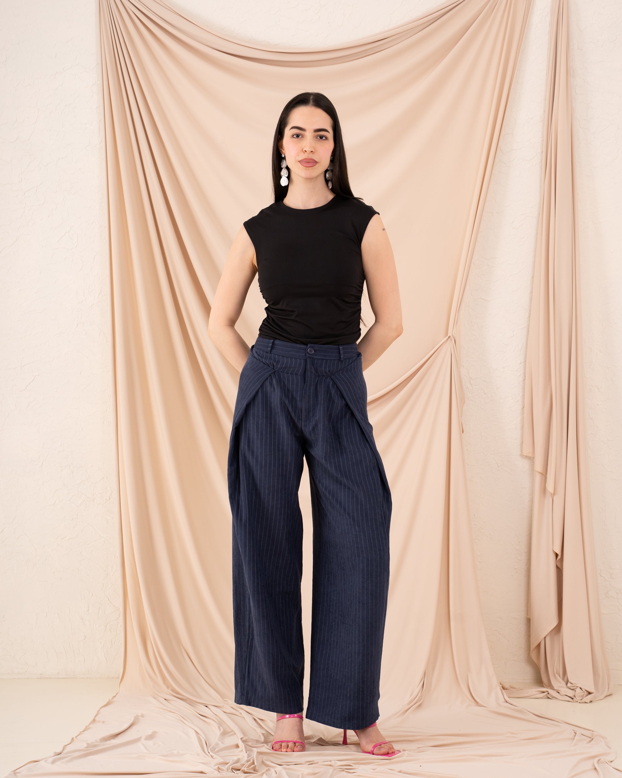 Women Striped Side Folds Pants