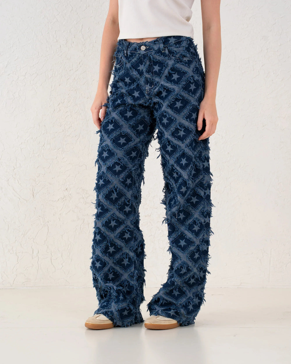 Fringed Star Patchwork Wide-Leg Denim Pants - Venti