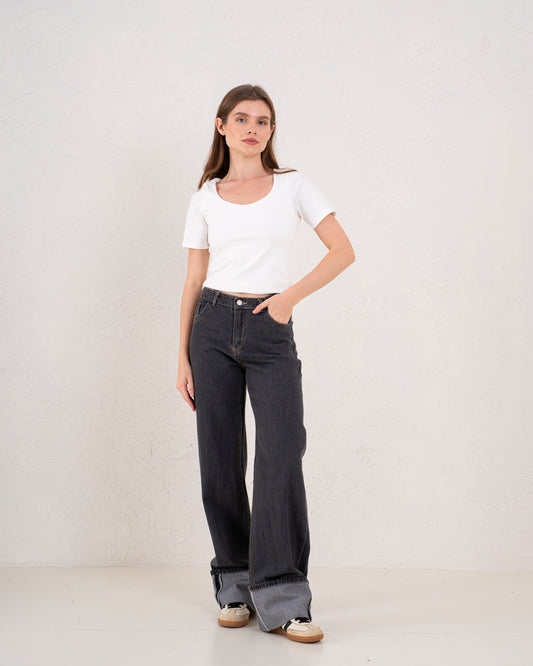 Folded Two-Tone Wide Leg Denim