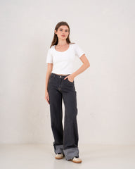 Folded Two-Tone Wide Leg Denim