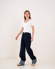Folded Two-Tone Wide Leg Denim