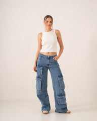 Cargo Wide-Leg Denim Pants