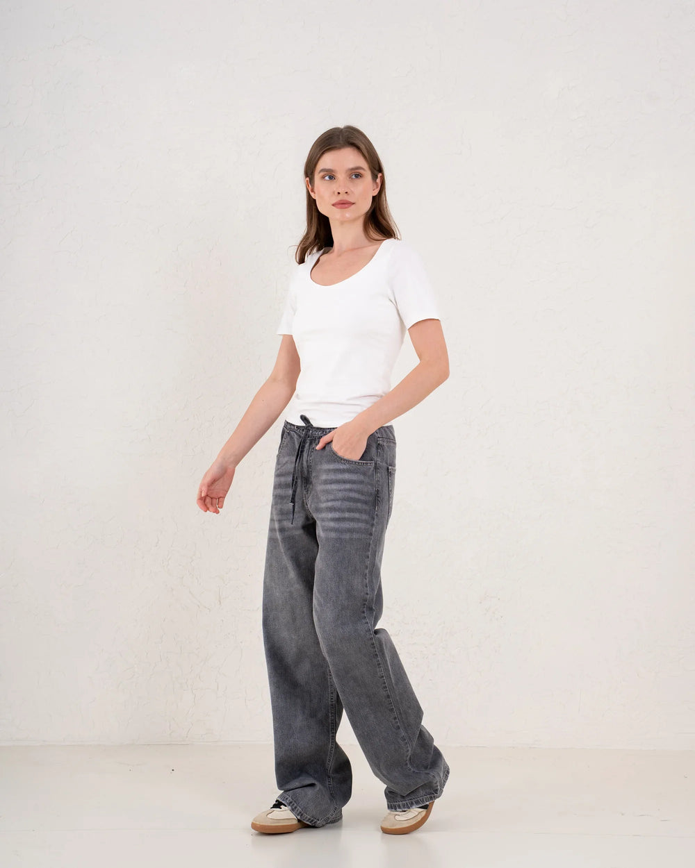 Drawstring Wide-Leg Denim Pants - Venti