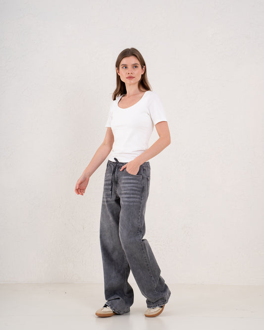 Drawstring Wide-Leg Denim Pants