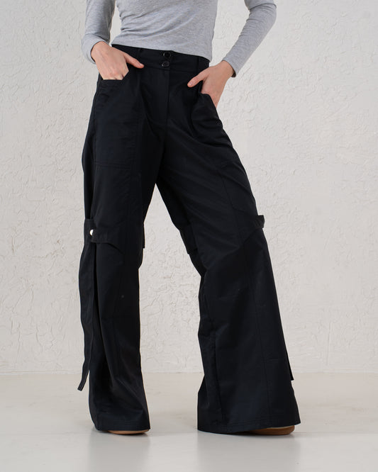 Waterproof Strap Detail Wide Leg Cargo Pants