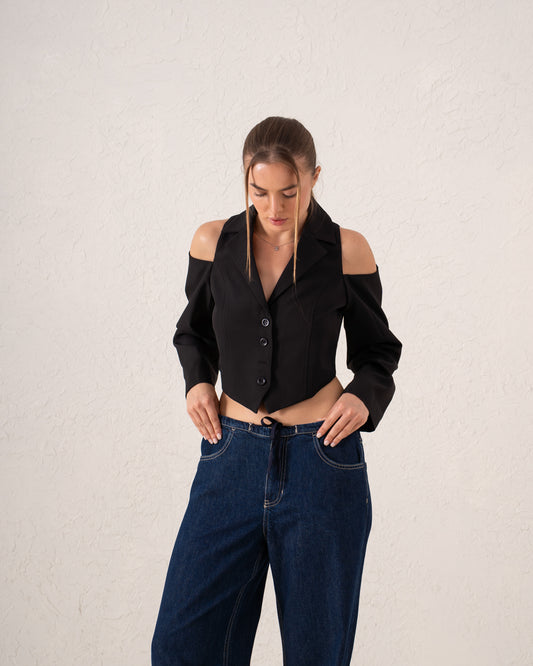 Cut-Out Shoulder Tailored Cropped Vest