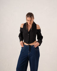 Cut-Out Shoulder Tailored Cropped Vest