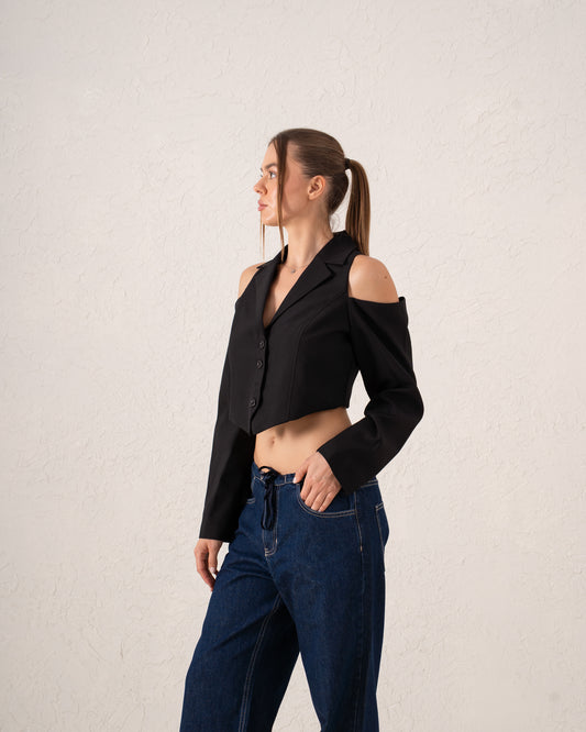 Cut-Out Shoulder Tailored Cropped Vest