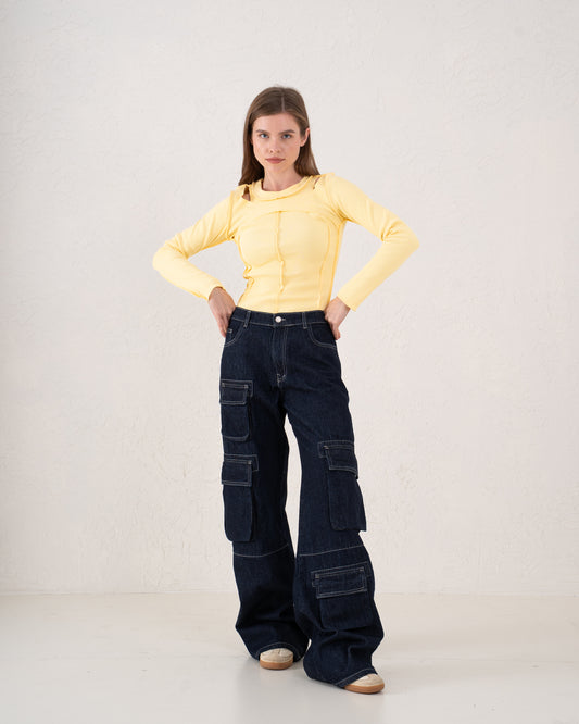 Cut-Out Seam Detail Ribbed Top