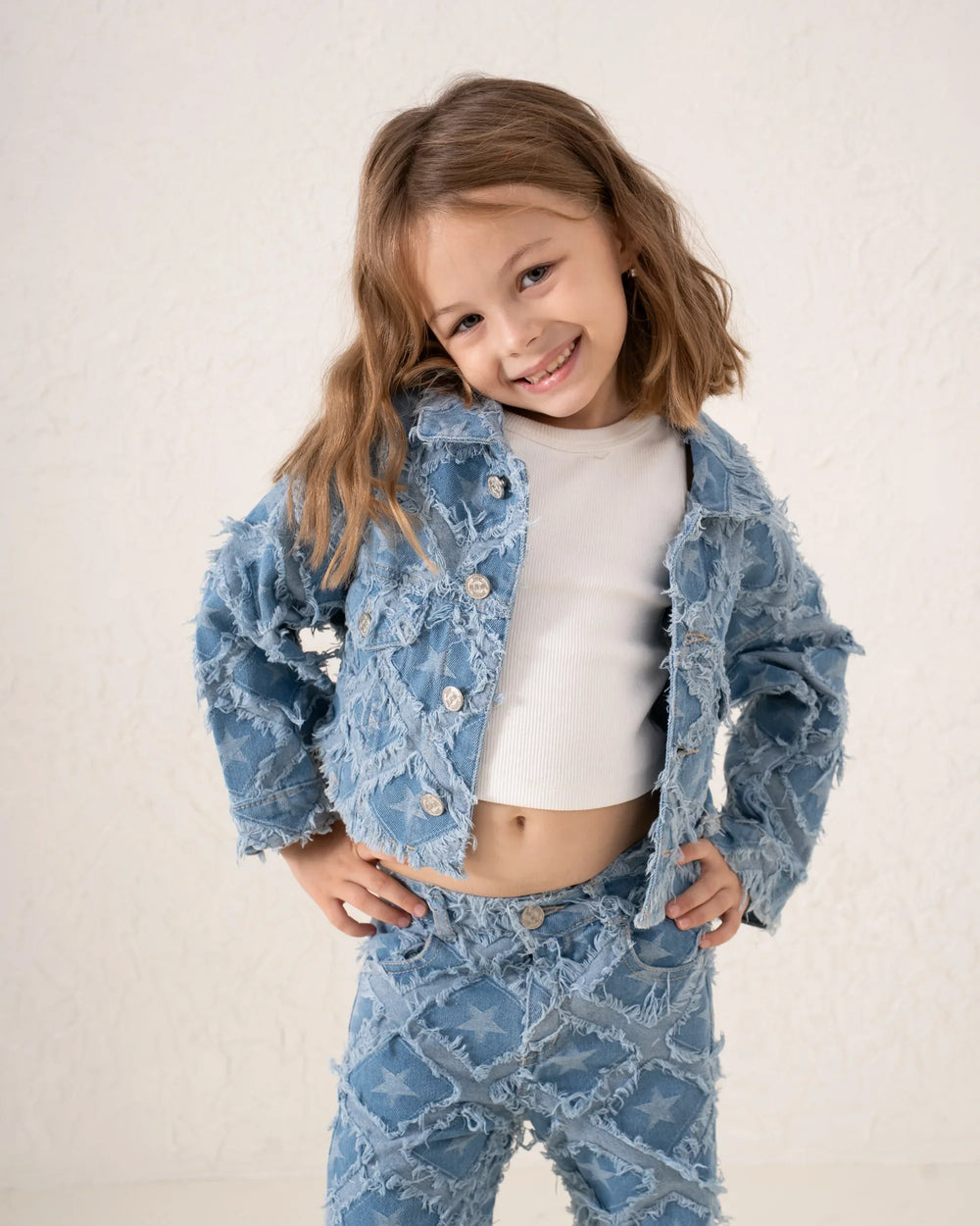 Fringed Denim Star Patchwork Cropped Jacket - Venti