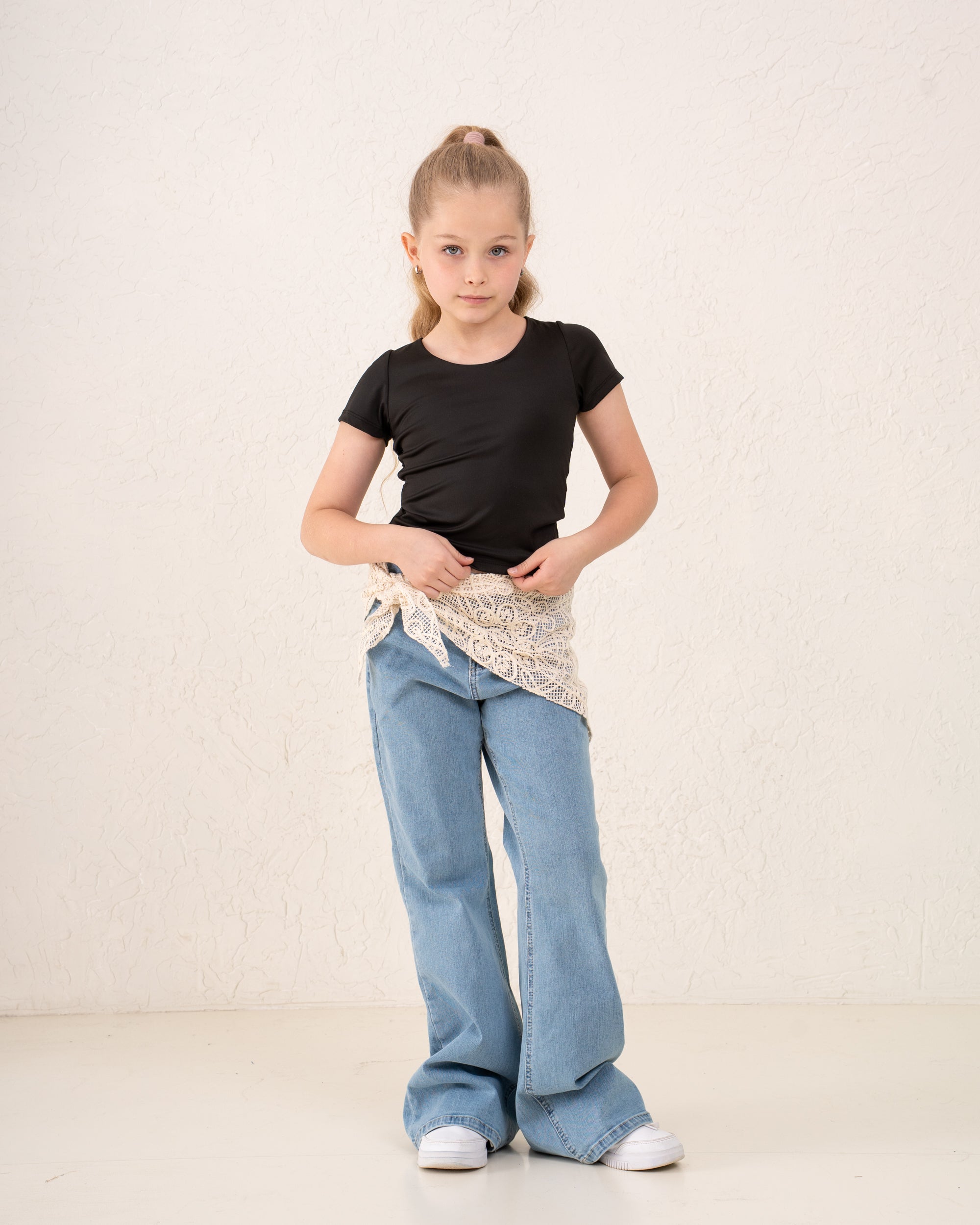 Girls flare denim pants with waist wrap