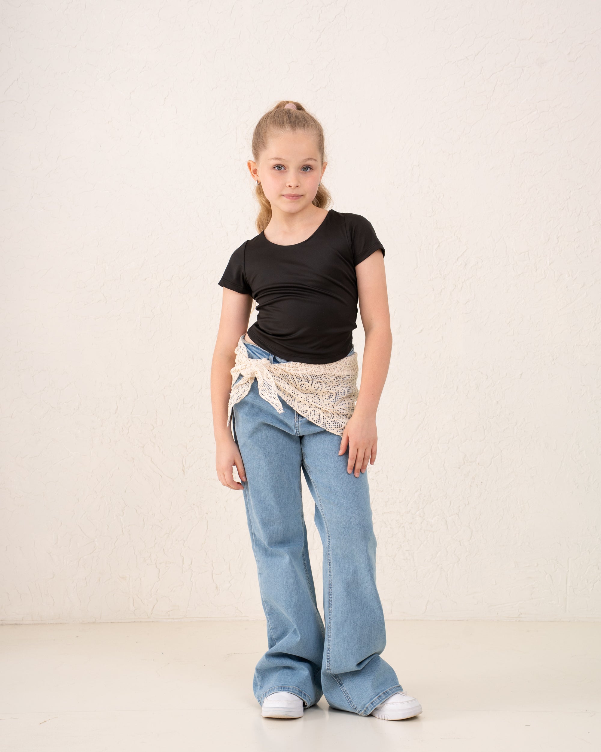 Girls flare denim pants with waist wrap