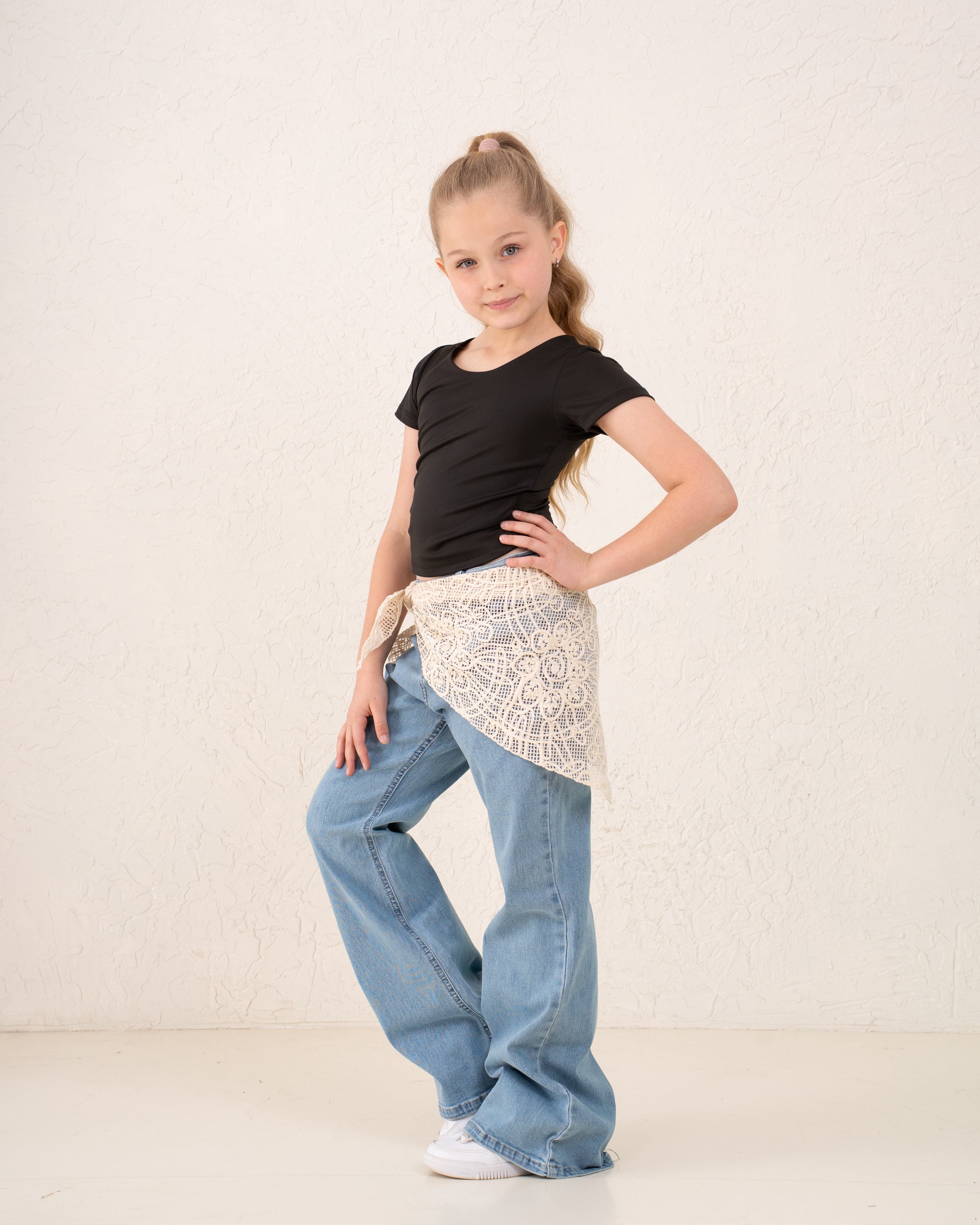Girls flare denim pants with waist wrap