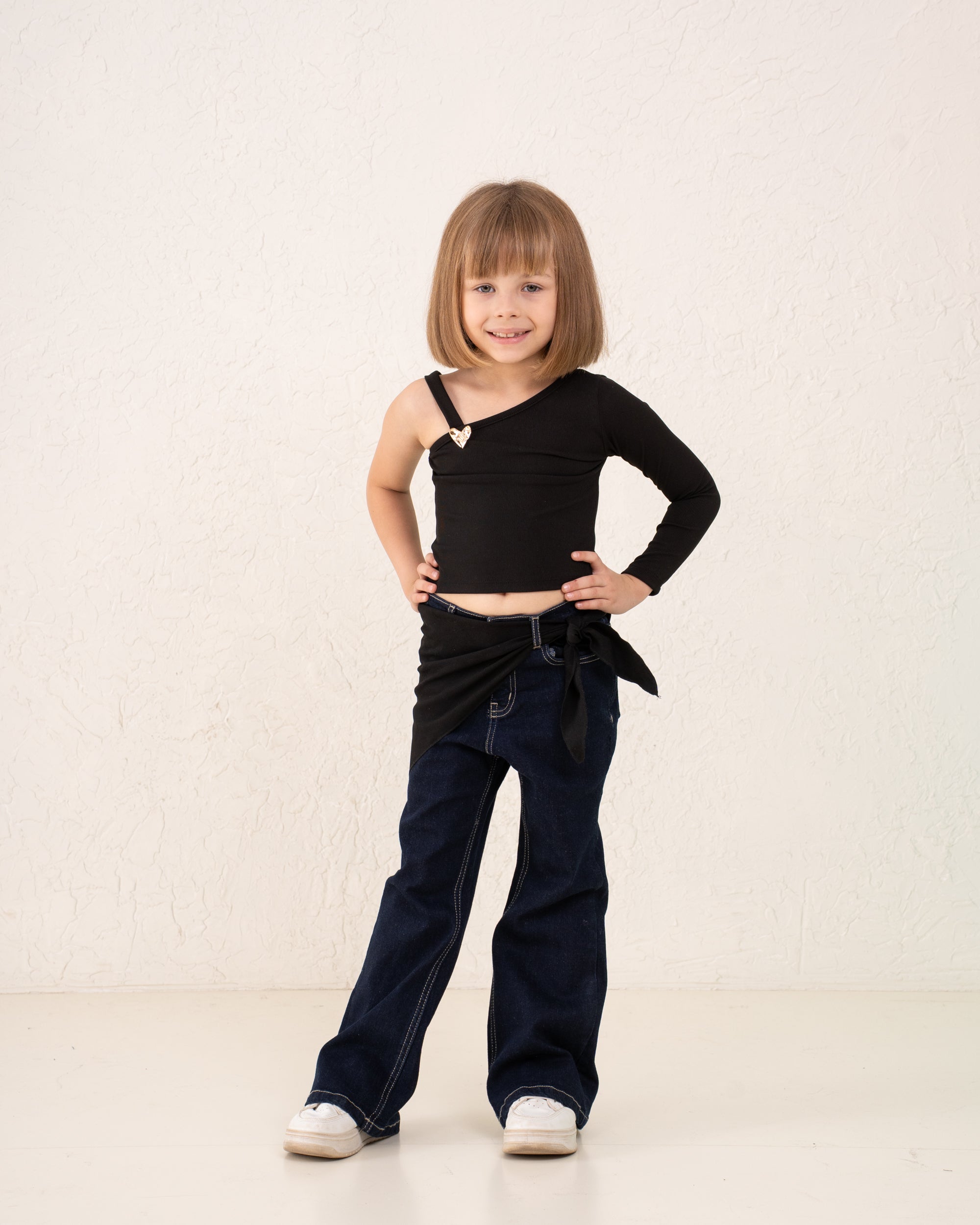 Girls flare denim pants with waist wrap