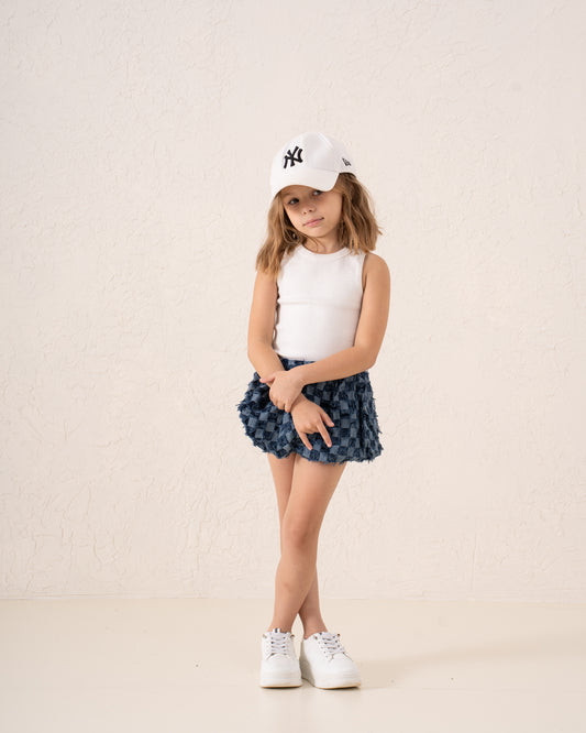 Puffball Textured Denim Skirt