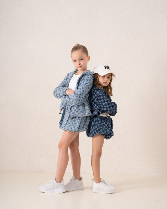 Puffball Textured Denim Skirt