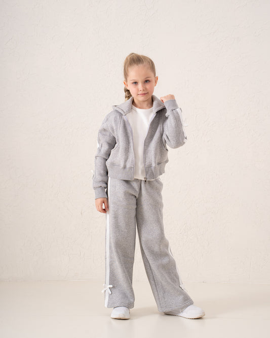 Cropped Zip Hoodie With Side Stripes & Bows
