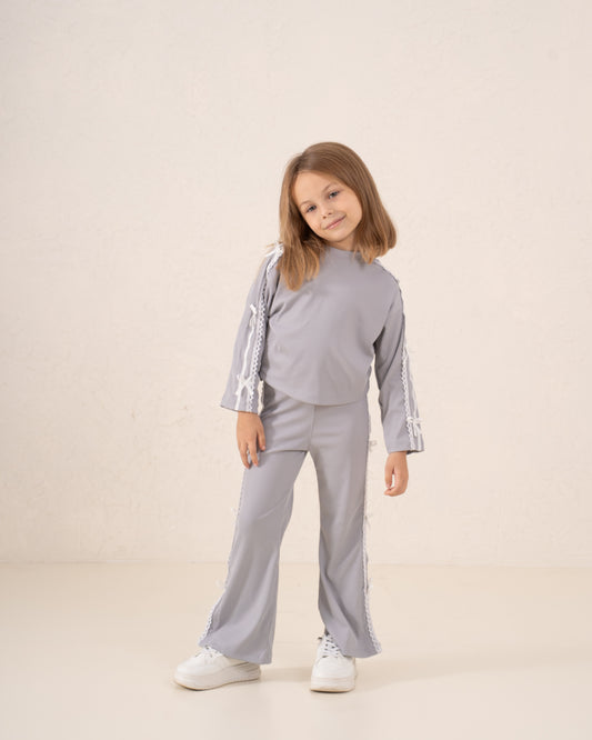 Ribbed Bow Trim Flared Pants