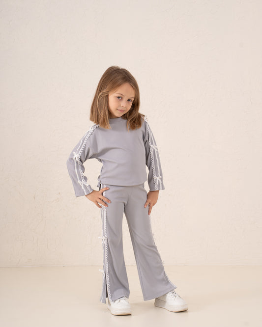 Ribbed Bow Trim Flared Pants