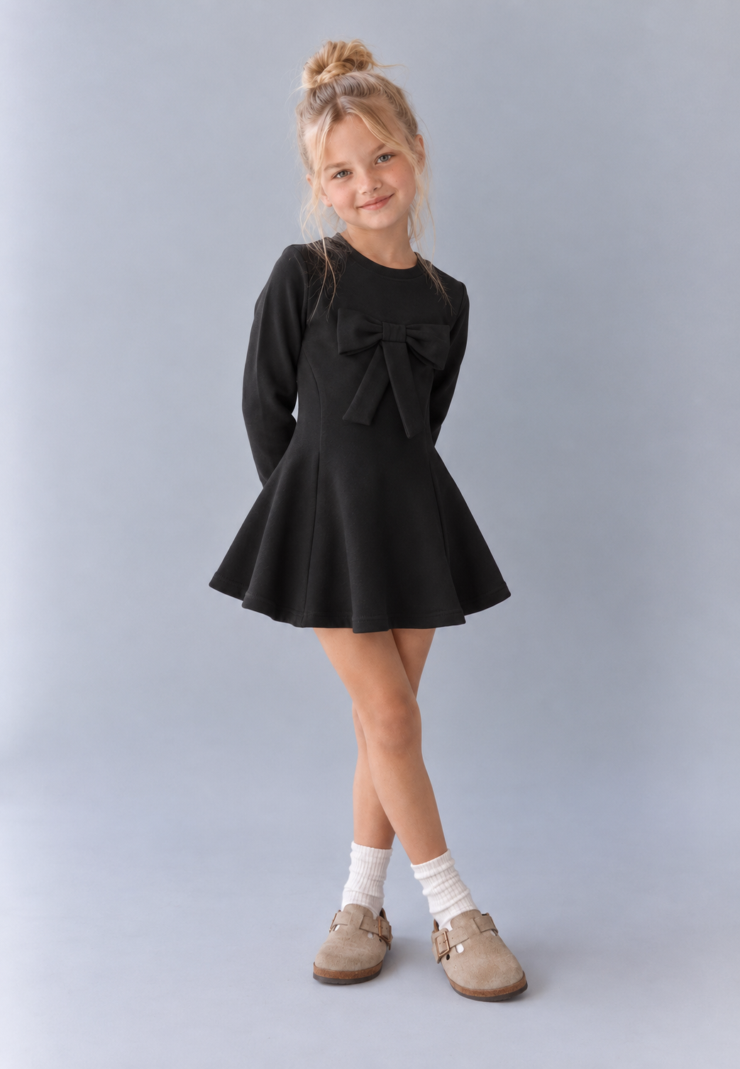 Girls' "Sweet Bow" Long-Sleeve Dress – Flared Mini