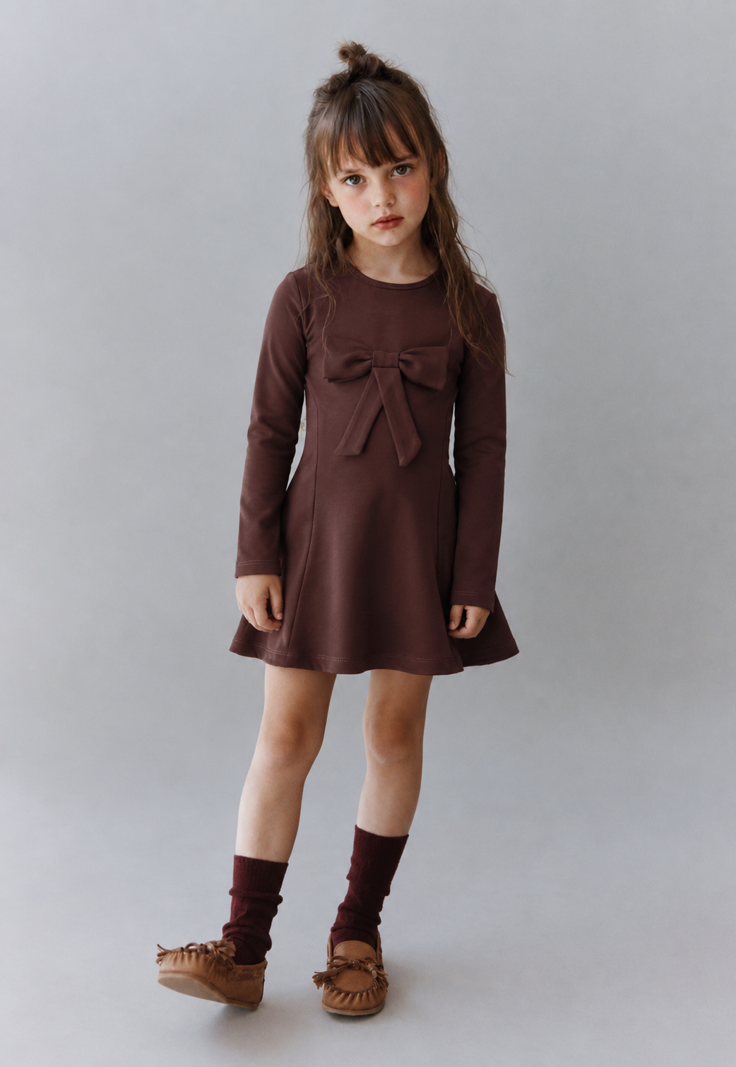 Girls' "Sweet Bow" Long-Sleeve Dress – Flared Mini