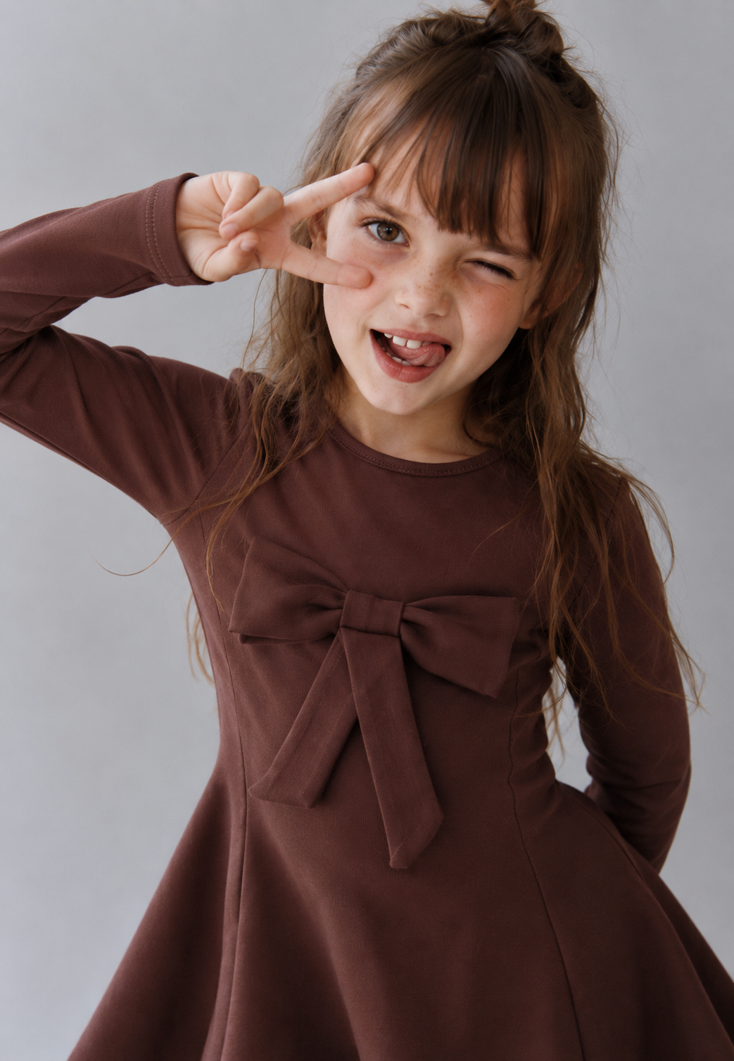Girls' "Sweet Bow" Long-Sleeve Dress – Flared Mini