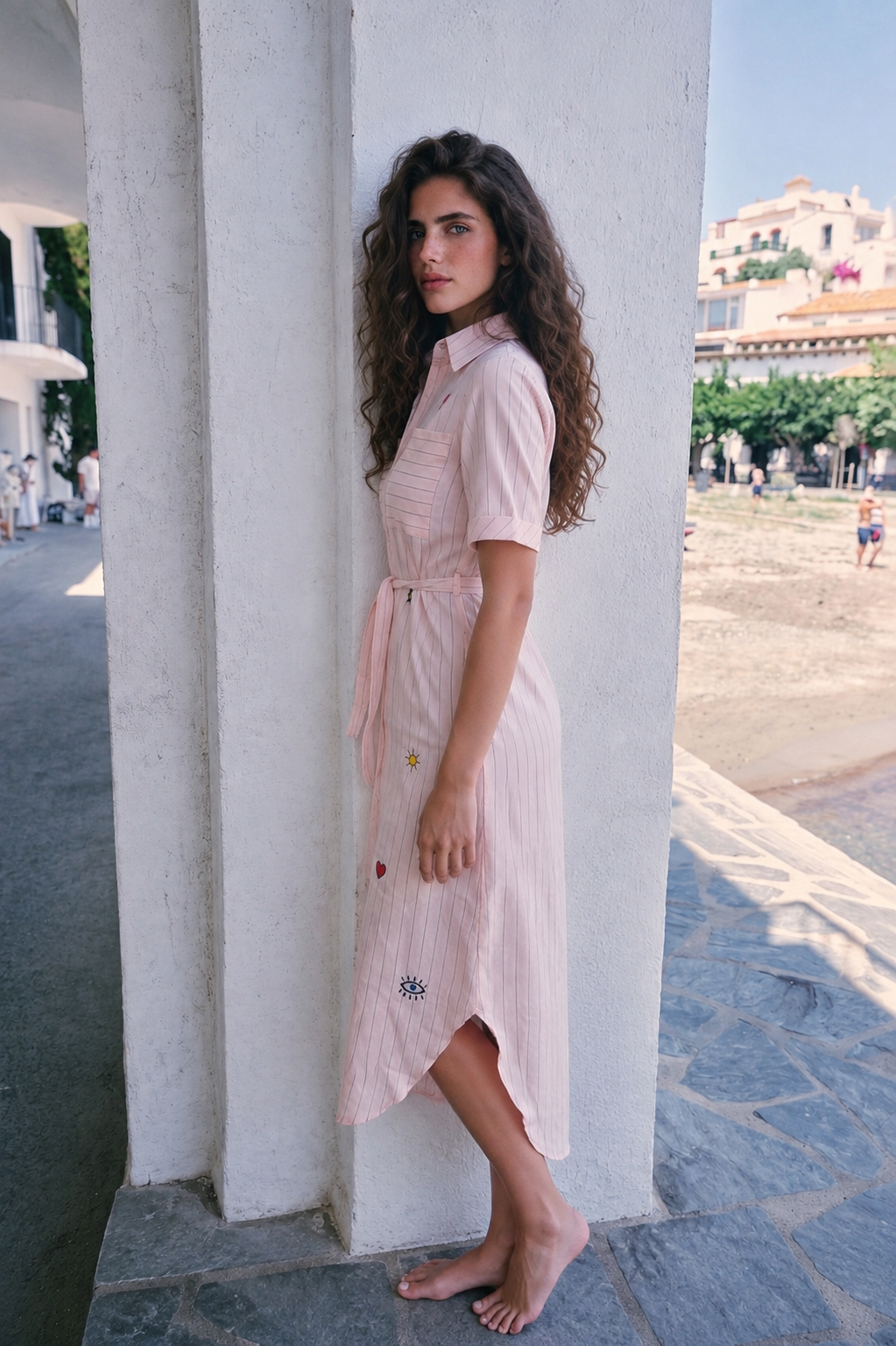 Women's "Postcard Edit" Shirt Dress - Embroidered Motif Patches, Belted Maxi Fit