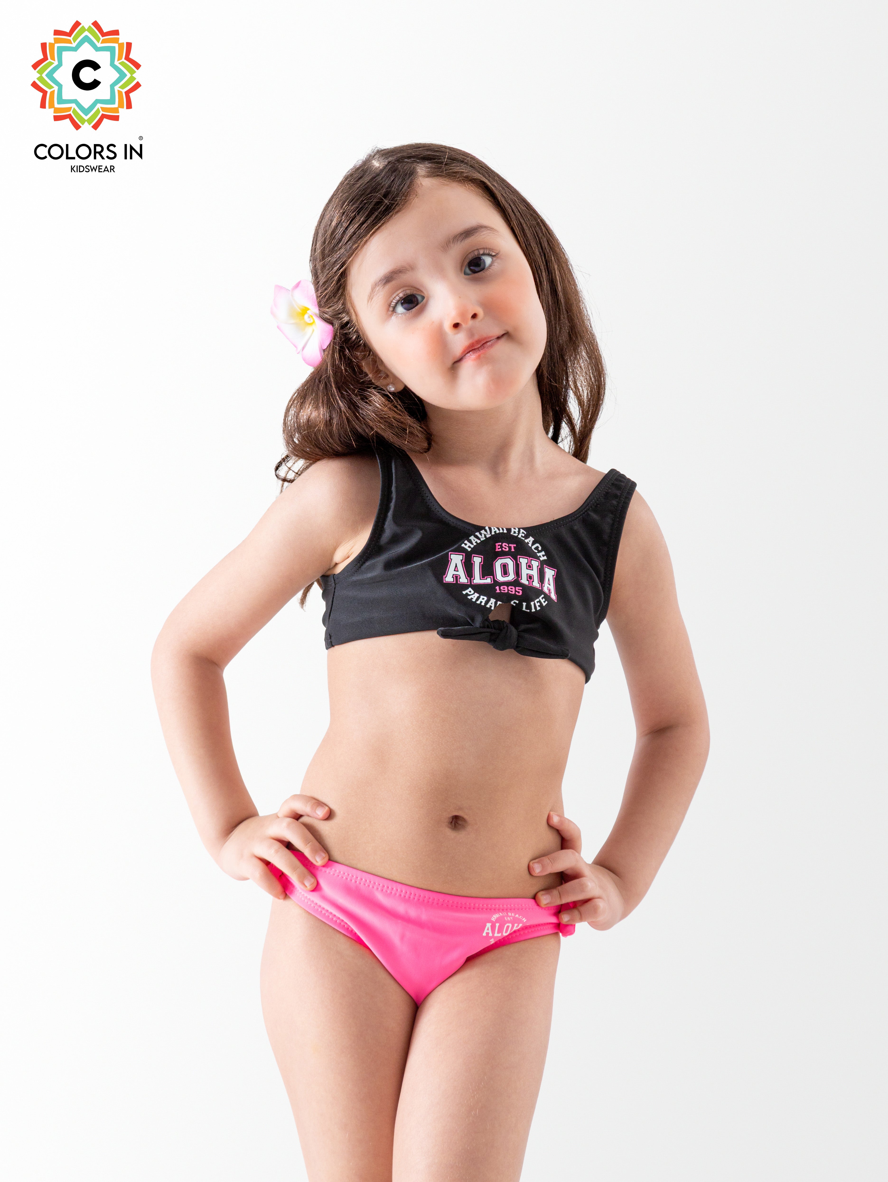 Girls' "Aloha Beach" Tie-Front Bikini Set
