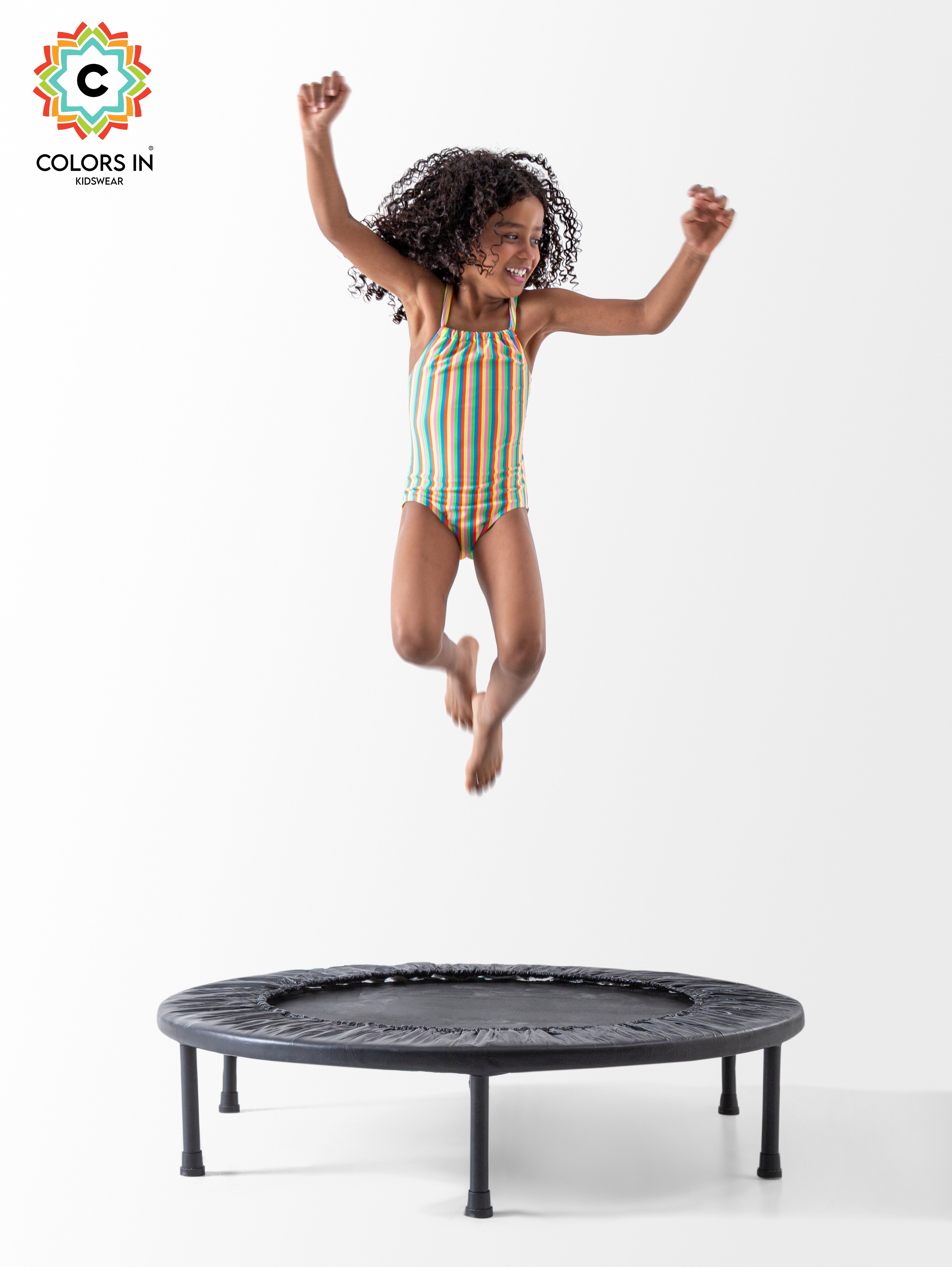 Girls' "Rainbow Splash" High-Neck One-Piece Swimsuit
