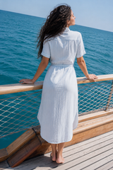 Women's "Postcard Edit" Shirt Dress - Embroidered Motif Patches, Belted Maxi Fit