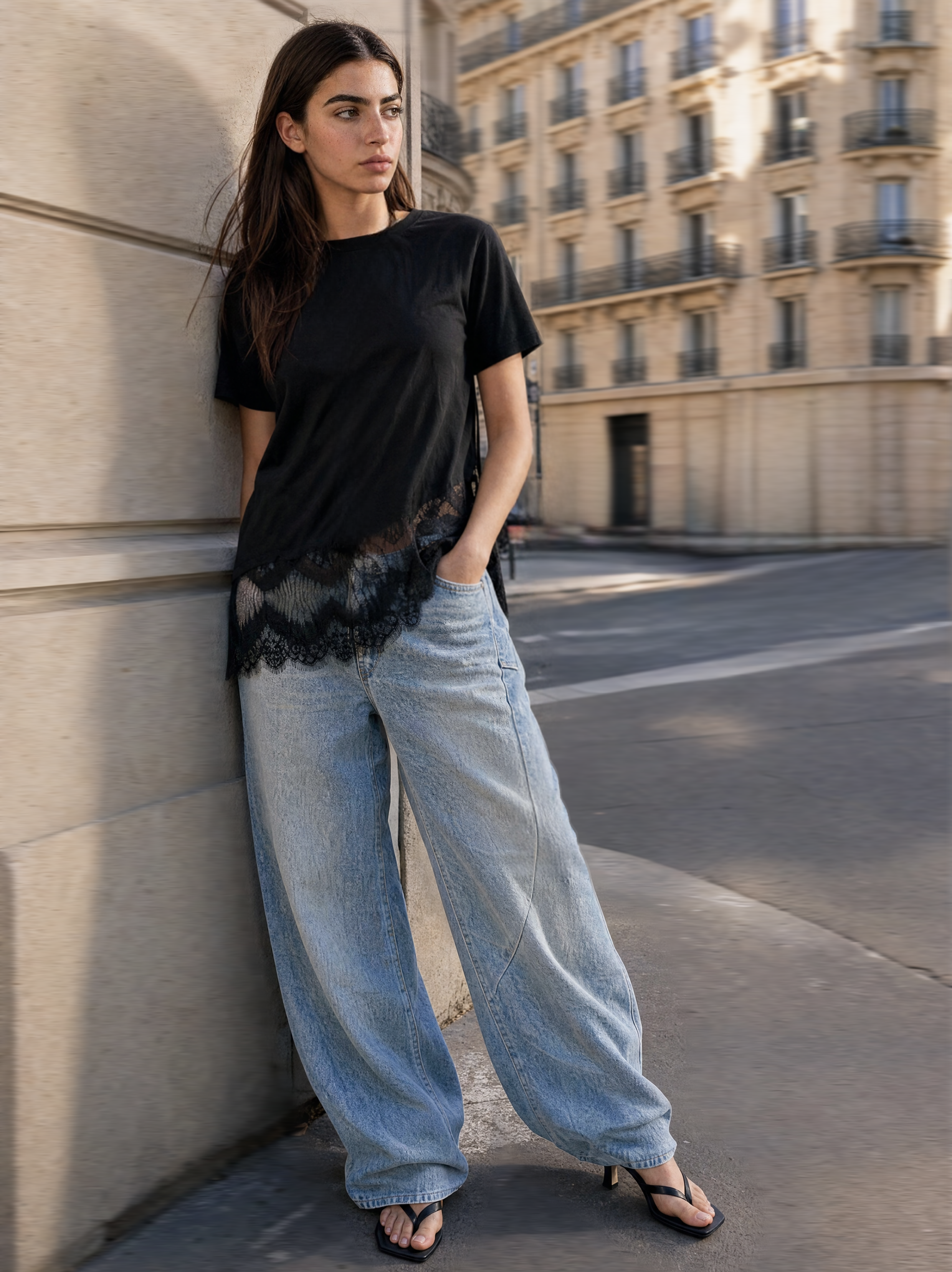 Women's Asymmetric Lace-Trim T-Shirt