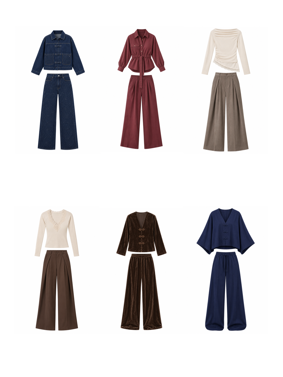 Six VENTI outfits. Choose a top or trousers to view that product.