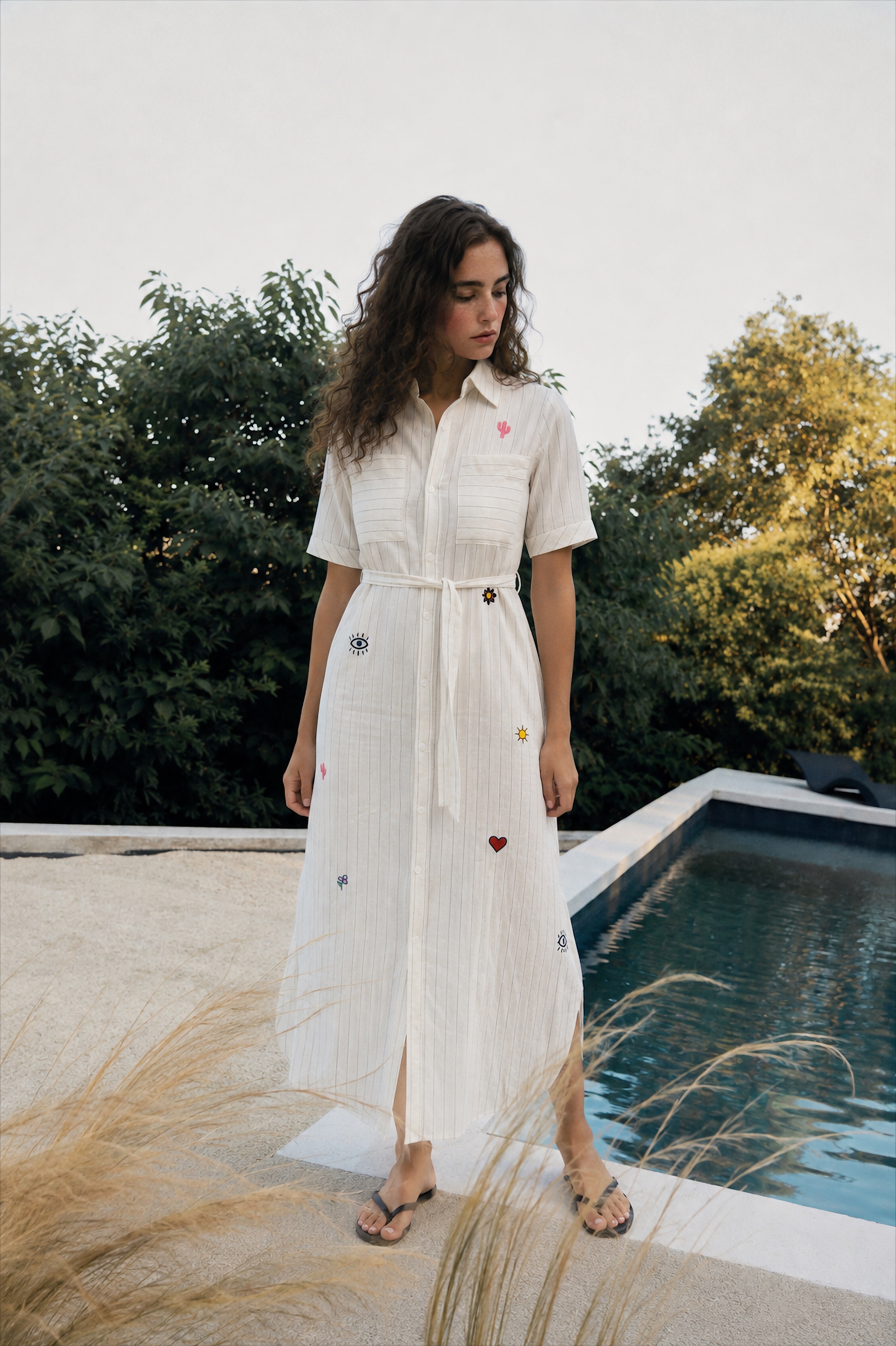 Women's "Postcard Edit" Shirt Dress - Embroidered Motif Patches, Belted Maxi Fit