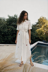 Women's "Postcard Edit" Shirt Dress - Embroidered Motif Patches, Belted Maxi Fit