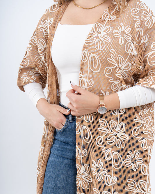 Embroidered Crochet Long Cardigan