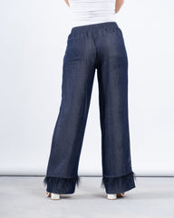 Feather Trimmed Wide-Leg Pants