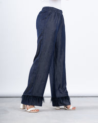 Feather Trimmed Wide-Leg Pants