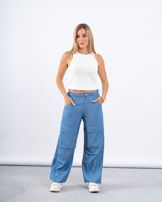 Denim Effect Parachute Pants