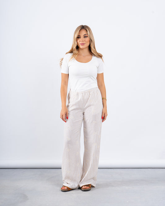 Beige Striped Embroidered Pants