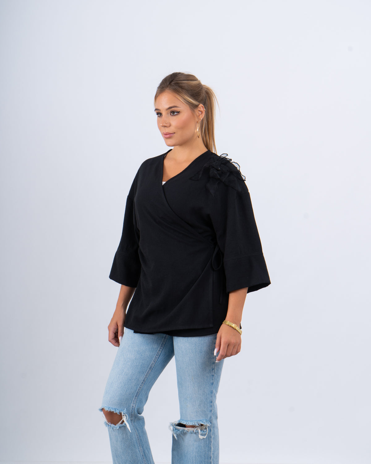 Linen Wrap Top With Shoulder Flower Detail
