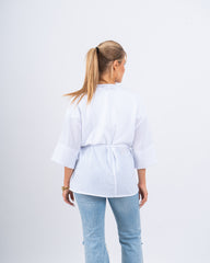 Linen Wrap Top With Shoulder Flower Detail