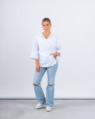 Linen Wrap Top With Shoulder Flower Detail