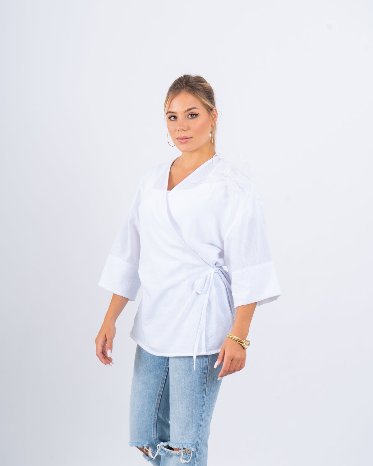 Linen Wrap Top With Shoulder Flower Detail