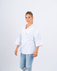 Linen Wrap Top With Shoulder Flower Detail