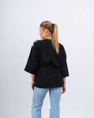 Linen Wrap Top With Shoulder Flower Detail