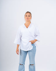 Linen Wrap Top With Shoulder Flower Detail