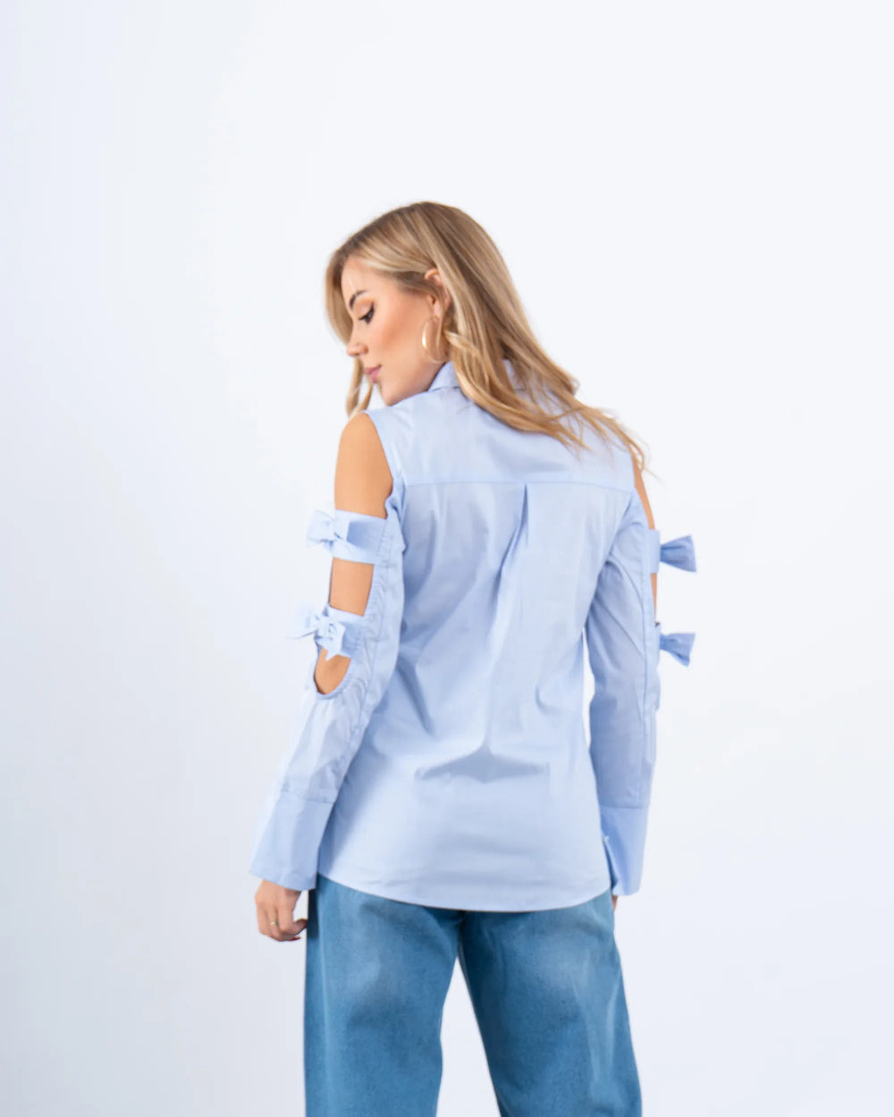 Open-Shoulder Poplin Shirt With Bows - Venti