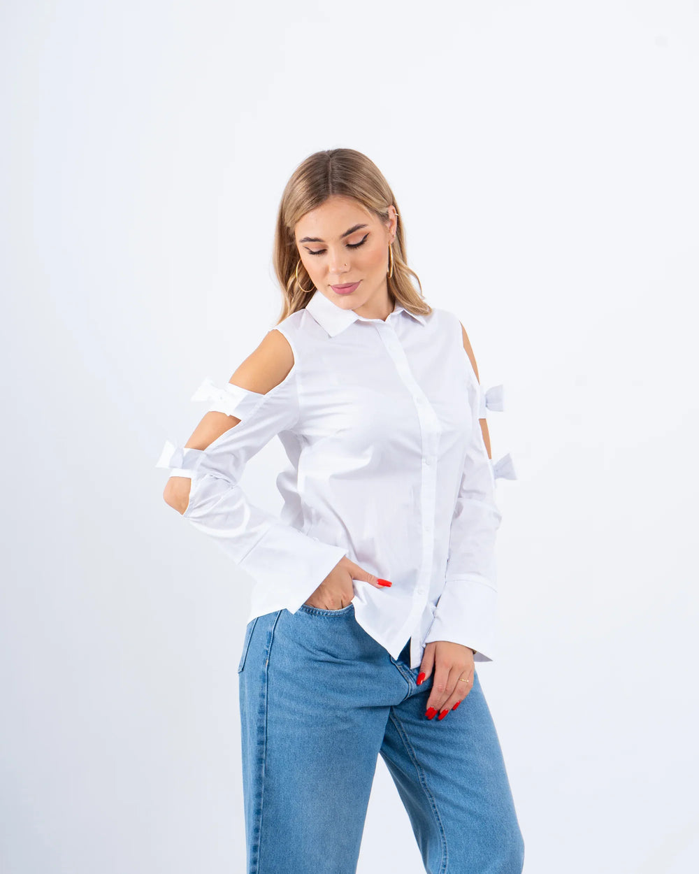 Open-Shoulder Poplin Shirt With Bows - Venti