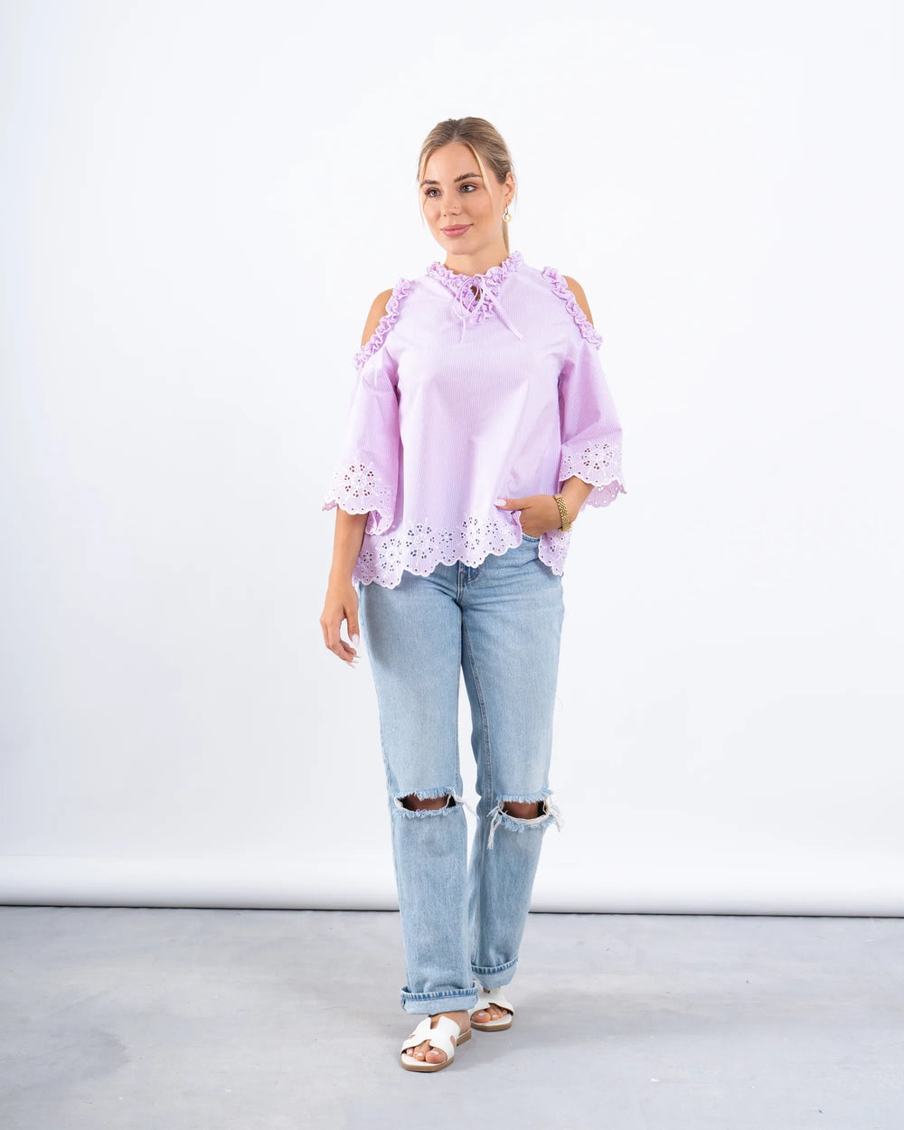 Striped Lace Open-Shoulder Top - Venti