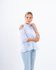 Striped Lace Open-Shoulder Top